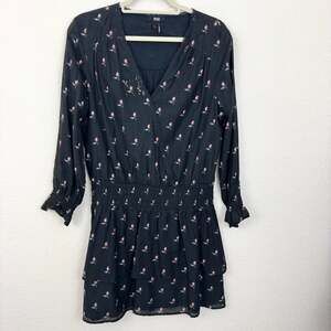 Paige Womens Cristina Mini Dress Size L Rose Bud Floral Ruffle Smocked Black